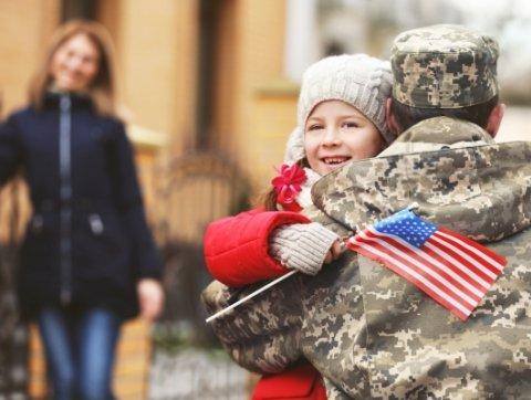 Happy reunion of soldier with family outdoors